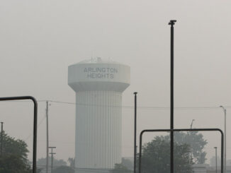 Arlington Heights south water tower i hazy, smoke-filled air with an AQI of about 877 between 4:30 p.m. and 5:00 p.m. Thursday, July 16, 2026 (CARDINAL NEWS).