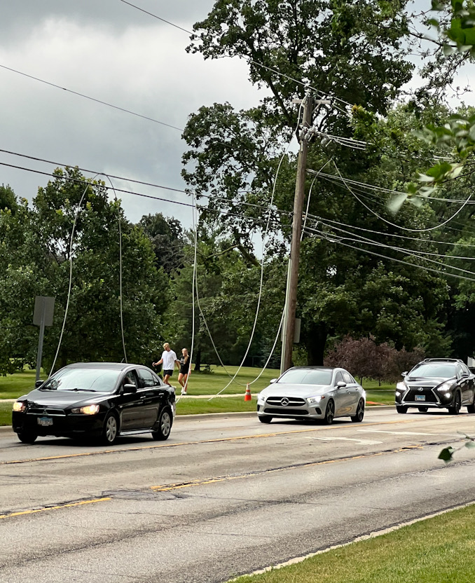 Power lines down near Euclid Avenue east of Dryden Avenue after a thunderstorm passed through Arlington Heights around 11:30 a.m. Monday, July 27, 2026 (CARDINAL NEWS/provided photo).