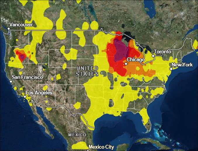 AQI National Map indicating a current air quality with red and orange near Chicagoland at 11:00 a.m. Sunday, July 19, 2026 (EPA AirNow.gov).