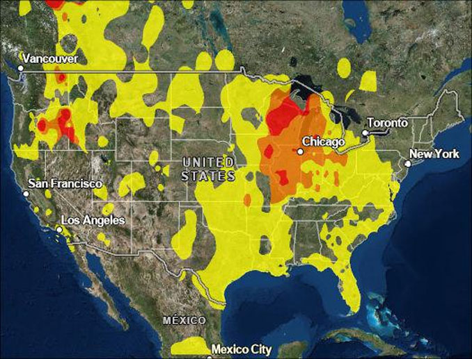 AQI National Map indicating a current air quality with mostly orange (Unhealthy for Sensitive Groups) AQI level near Chicagoland at 11:00 a.m. Monday, July 20, 2026 (EPA AirNow.gov).