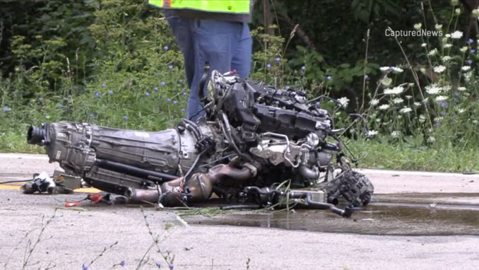 An engine ripped from a Mercedes on Brinker Road after a high-speed crash on Brinker Road near Hills and Dales Road in Barrington Hills; the morning after the single-vehicle crash overnight Friday/Saturday, July 25, 2026 (CapturedNews).