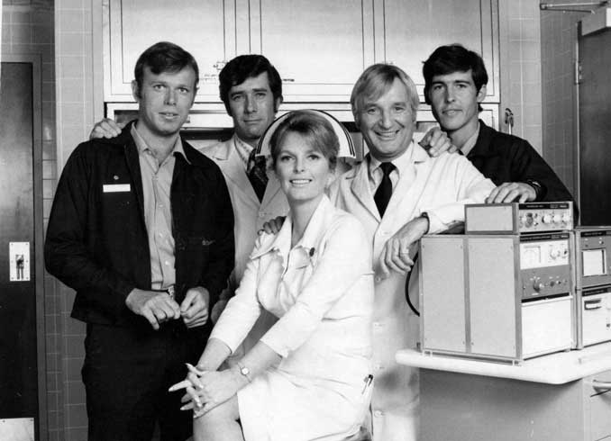 EMERGENCY! cast, left to right: Kevin Tighe, Robert Fuller, Julie London, Bobby Troup and Randolph Mantooth (NBC Television/public domain)