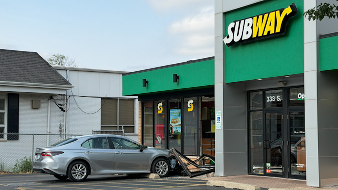 Silver sedan crash at Subway at Arlington Heights Road and Grove Street in Arlington Heights, Saturday afternoon, July 25, 2026 (CARDINAL NEWS).