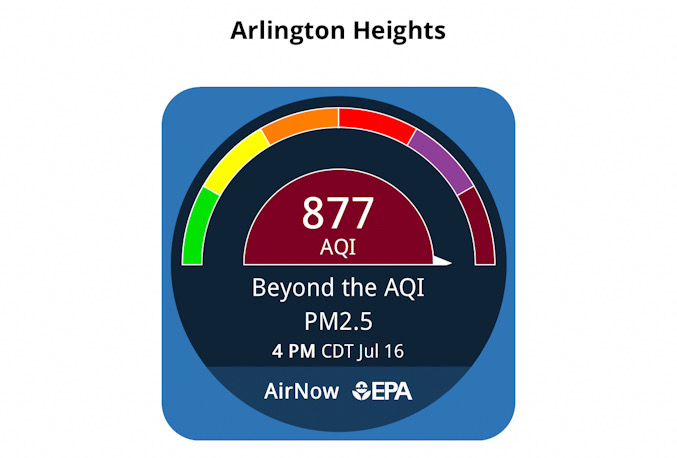 AQI of 877 between 4:30 p.m. and 5:00 p.m. Thursday, July 16, 2026 (CARDINAL NEWS).
