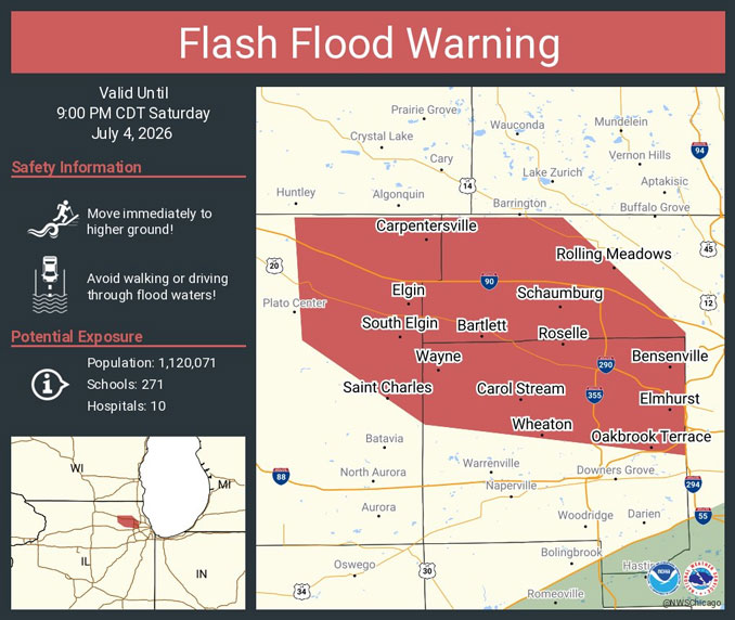 NWS Flash Flood Warning issued July 4, 2026 at 3:08 p.m. and valid until 9:00 p.m. (NWS Chicago)