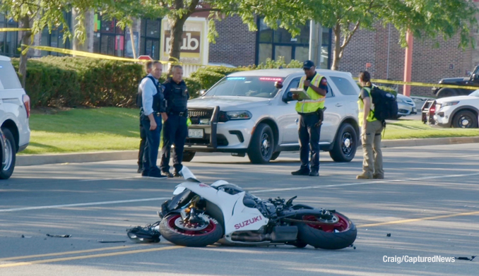 Scene of a fatal motorcycle crash involving involving an SUV at Route 45 and Route 83 on Monday evening, July 6, 2026 (Craig/CapturedNews)