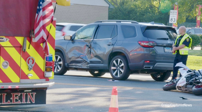 Damaged SUV at the scene of a fatal motorcycle crash involving an SUV at Route 45 and Route 83 on Monday evening, July 6, 2026 (Craig/CapturedNews)