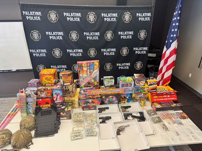 Items seized during the execution of a search warrant by the Palatine Police Department on June 29, 2026. Evidence recovered included suspected controlled substances, firearms, ammunition, body armor, fireworks, and U.S. Currency (SOURCE: Palatine Police Department)