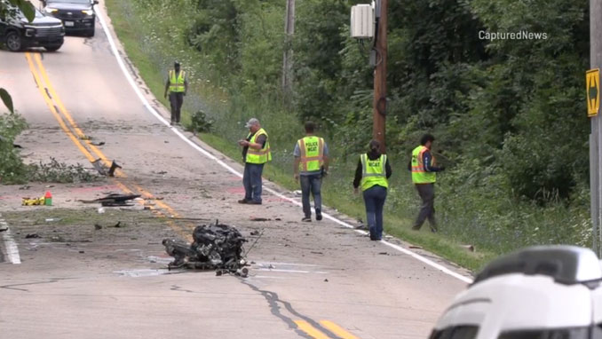 MCAT investigators near and engine ripped from a Mercedes on Brinker Road after a high-speed crash on Brinker Road near Hills and Dales Road in Barrington Hills; the morning after the single-vehicle crash overnight Friday/Saturday, July 25, 2026 (CapturedNews).