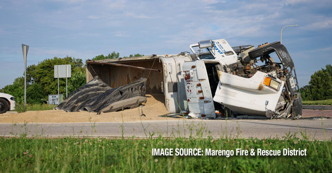 Single-vehicle rollover gravel truck crash at roundabout at Route 20 and Marengo Road in unincorporated Marengo Friday morning July 10, 2026, no injuries (IMAGE SOURCE: Marengo Fire & Rescue Districts)