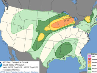 Day 1 Convective Outlook/Categorical for overnight Wednesday/Thursday, July 1-2, 2026 indicates some Level 1/5 and Level 2/5 risk of severe thunderstorms possible in northern Illinois (SOURCE: NOAA/NWS Storm Prediction Center)