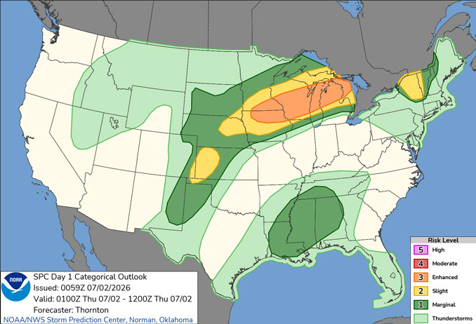 Day 1 Convective Outlook/Categorical for overnight Wednesday/Thursday, July 1-2, 2026 indicates some Level 1/5 and Level 2/5 risk of severe thunderstorms possible in northern Illinois (SOURCE: NOAA/NWS Storm Prediction Center)