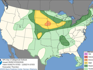 Day 1 Convective Outlook/Categorical for overnight Thursday/Friday, July 2-3, 2026 indicates Level 1/5 and Level 2/5 Severe Thunderstorm Risk, and no tornado risk for northeast Illinois (SOURCE: NOAA/NWS Storm Prediction Center)