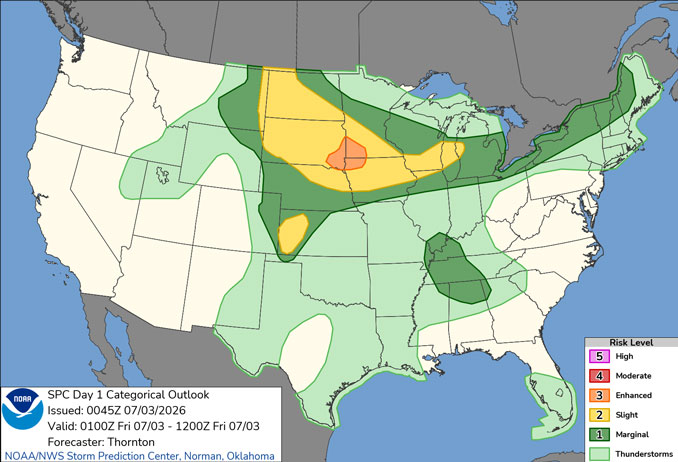Day 1 Convective Outlook/Categorical for overnight Thursday/Friday, July 2-3, 2026 indicates Level 1/5 and Level 2/5 Severe Thunderstorm Risk, and no tornado risk for northeast Illinois (SOURCE: NOAA/NWS Storm Prediction Center)