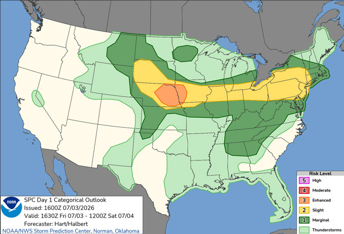 Day 1 Convective Outlook/Categorical for Friday, July 3, 2026 indicates a Level 2/5 Severe Thunderstorm Risk with high winds risk, but no tornado risk (SOURCE: NOAA/NWS Storm Prediction Center)