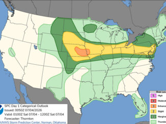 Day 1 Convective Outlook/Categorical for Friday, July 3, 2026 indicates a Level 2/5 Severe Thunderstorm Risk for the north half of Illinois and a 2% risk of a low intensity tornado in northern Illinois (SOURCE: NOAA/NWS Storm Prediction Center)