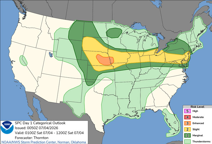 Day 1 Convective Outlook/Categorical for Friday, July 3, 2026 indicates a Level 2/5 Severe Thunderstorm Risk for the north half of Illinois and a 2% risk of a low intensity tornado in northern Illinois (SOURCE: NOAA/NWS Storm Prediction Center)