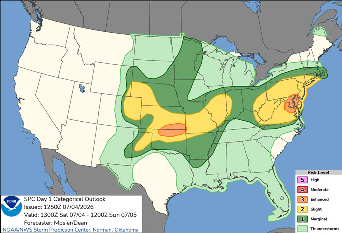 Day 1 Convective Outlook/Categorical for Saturday, July 4, 2026 indicates Level 1/5 Severe Thunderstorm Risk, and no risk of a tornado in Illinois (SOURCE: NOAA/NWS Storm Prediction Center)