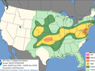 Day 1 Convective Outlook/Categorical for Saturday, July 4, 2026 indicates Level 1/5 in part of northern Illinois and Level 2/5 in central Illinois, but no tornado risk in Illinois (SOURCE: NOAA/NWS Storm Prediction Center)