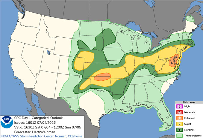 Day 1 Convective Outlook/Categorical for Saturday, July 4, 2026 indicates Level 1/5 in part of northern Illinois and Level 2/5 in central Illinois, but no tornado risk in Illinois (SOURCE: NOAA/NWS Storm Prediction Center)