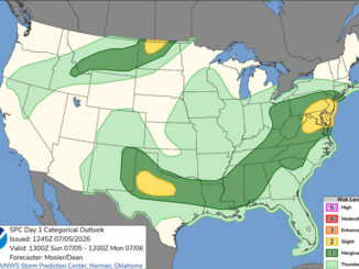Day 1 Convective Outlook/Categorical for Sunday, July 5, 2026 indicates no risk of severe thunderstorms in Illinois, no risk of tornadoes in the entire United States, but a chance of thundershowers in almost all of Illinois (SOURCE: NOAA/NWS Storm Prediction Center)