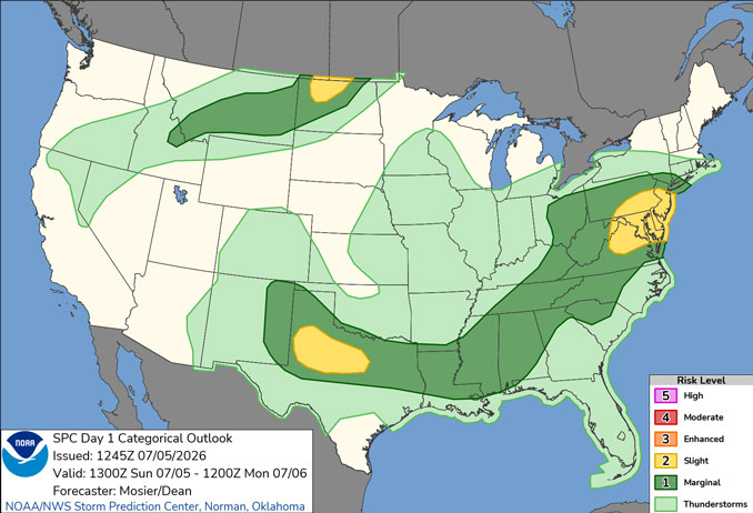 Day 1 Convective Outlook/Categorical for Sunday, July 5, 2026 indicates no risk of severe thunderstorms in Illinois, no risk of tornadoes in the entire United States, but a chance of showers or thundershowers in almost all of Illinois (SOURCE: NOAA/NWS Storm Prediction Center)