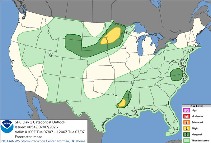 Day 1 Convective Outlook/Categorical for overnight Monday/Tuesday, July 6-7, 2026 indicates no risk of severe thunderstorms in northern Illinois (SOURCE: NOAA/NWS Storm Prediction Center)