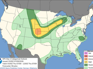 Day 1 Convective Outlook/Categorical for overnight Wednesday/Thursday, July 8-9, 2026 indicates a Level 1/5 Risk of severe thunderstorms in far northwest Illinois (SOURCE: NOAA/NWS Storm Prediction Center)
