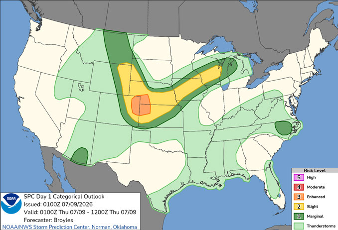 Day 1 Convective Outlook/Categorical for overnight Wednesday/Thursday, July 8-9, 2026 indicates a Level 1/5 Risk of severe thunderstorms in far northwest Illinois (SOURCE: NOAA/NWS Storm Prediction Center)