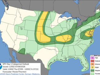 Day 1 Convective Outlook/Categorical for Thursday, July 9, 2026 indicates less than Level 1/5 risk of severe thunderstorms in northern Illinois, but a low risk of tornadoes in southern Missouri, southern Illinois, southern Indiana, and northwest Kentucky (SOURCE: NOAA/NWS Storm Prediction Center)
