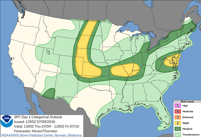 Day 1 Convective Outlook/Categorical for Thursday, July 9, 2026 indicates less than Level 1/5 risk of severe thunderstorms in northern Illinois, but a low risk of tornadoes in southern Missouri, southern Illinois, southern Indiana, and northwest Kentucky (SOURCE: NOAA/NWS Storm Prediction Center)