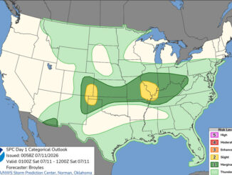 Day 1 Convective Outlook/Categorical for overnight Friday/Saturday, July 10-11, 2026 indicates less than Risk Level 1 for thunderstorms in northern Illinois (SOURCE: NOAA/NWS Storm Prediction Center)