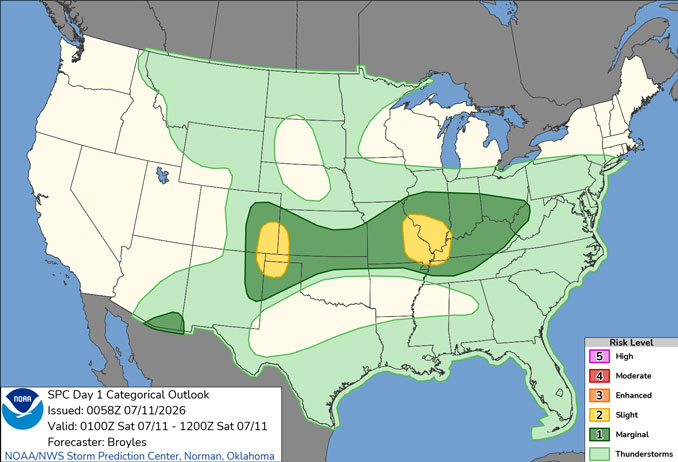 Day 1 Convective Outlook/Categorical for overnight Friday/Saturday, July 10-11, 2026 indicates less than Risk Level 1 for thunderstorms in northern Illinois (SOURCE: NOAA/NWS Storm Prediction Center)