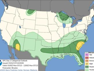 Day 1 Convective Outlook/Categorical for overnight Sunday/Monday, July 12-13, 2026 indicates no severe weather risk in Illinois, and no tornado risk in the entire United States (SOURCE: NOAA/NWS Storm Prediction Center)