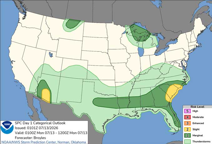 Day 1 Convective Outlook/Categorical for overnight Sunday/Monday, July 12-13, 2026 indicates no severe weather risk in Illinois, and no tornado risk in the entire United States (SOURCE: NOAA/NWS Storm Prediction Center)
