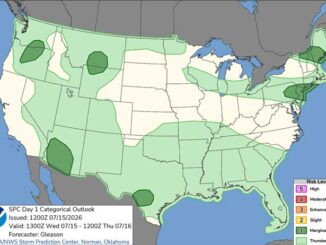 Day 1 Convective Outlook/Categorical for Wednesday, July 15, 2026 indicates no risk equal to or greater than Level 1 severe thunderstorms in all of Illinois (SOURCE: NOAA/NWS Storm Prediction Center)