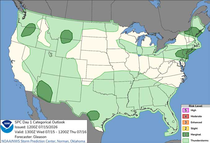 Day 1 Convective Outlook/Categorical for Wednesday, July 15, 2026 indicates no risk equal to or greater than Level 1 severe thunderstorms in all of Illinois (SOURCE: NOAA/NWS Storm Prediction Center)