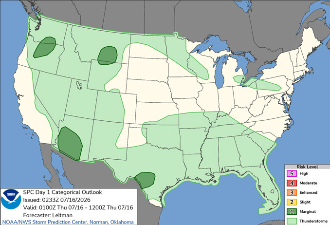 Day 1 Convective Outlook/Categorical for overnight Wednesday/Thursday, July 15-16, 2026 indicates no Level 1 or greater risk of severe thunderstorms in all of Illinois and Wisconsin (SOURCE: NOAA/NWS Storm Prediction Center)
