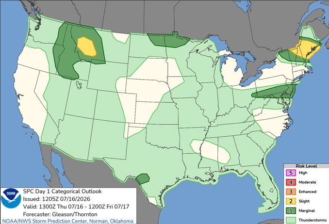 Day 1 Convective Outlook/Categorical for Thursday, July 16, 2026 indicates no Level 1 or greater risk of severe thunderstorms in all of Illinois and Wisconsin but a greater chance of thundershowers in Illinois and Wisconsin (SOURCE: NOAA/NWS Storm Prediction Center)