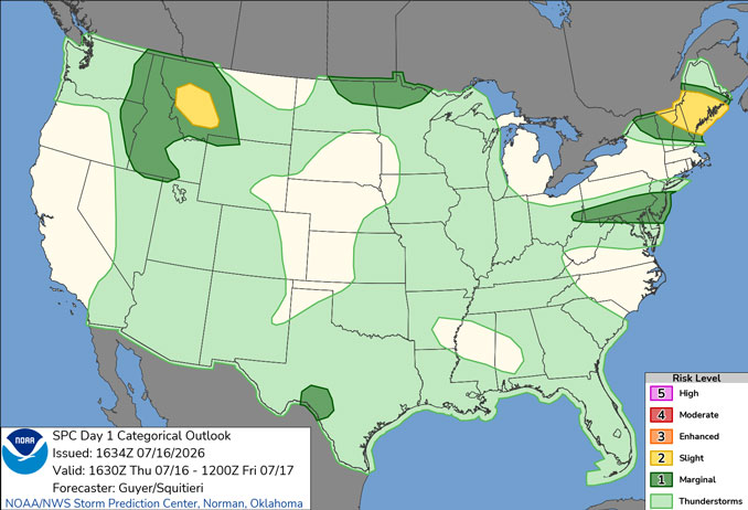 Day 1 Convective Outlook/Categorical for Thursday, July 16, 2026 and the overnight to Friday indicates no Level 1 or greater risk of severe thunderstorms in all of Illinois and Wisconsin but a continued chance of thundershowers in Illinois and Wisconsin (SOURCE: NOAA/NWS Storm Prediction Center)