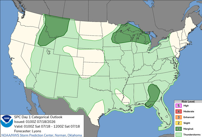 Day 1 Convective Outlook/Categorical for overnight Friday/Saturday, July 17-18, 2026 indicates no risk of Level 1 or greater severe weather in all of Illinois (SOURCE: NOAA/NWS Storm Prediction Center)