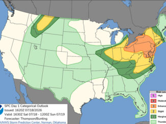 Day 1 Convective Outlook/Categorical for Saturday, July 18, 2026 indicates Level 1 and Level 2/5 risk of severe weather with thunderstorms (SOURCE: NOAA/NWS Storm Prediction Center).