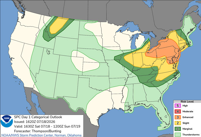 Day 1 Convective Outlook/Categorical for Saturday, July 18, 2026 indicates Level 1 and Level 2/5 risk of severe weather with thunderstorms (SOURCE: NOAA/NWS Storm Prediction Center).