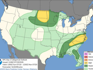 Day 1 Convective Outlook/Categorical for Sunday, July 19, 2026 indicates no Level 1/5 or greater risk of severe thunderstorms in Illinois or southern Wisconsin (SOURCE: NOAA/NWS Storm Prediction Center).