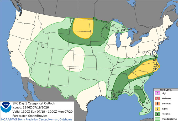 Day 1 Convective Outlook/Categorical for Sunday, July 19, 2026 indicates no Level 1/5 or greater risk of severe thunderstorms in Illinois or southern Wisconsin (SOURCE: NOAA/NWS Storm Prediction Center).
