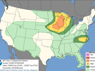 Day 1 Convective Outlook/Categorical for Monday, July 20, 2026 indicates Level 1 and Level 2/5 risk of severe thunderstorms in northern Illinois (SOURCE: NOAA/NWS Storm Prediction Center).