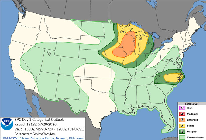 Day 1 Convective Outlook/Categorical for Monday, July 20, 2026 indicates Level 1 and Level 2/5 risk of severe thunderstorms in northern Illinois (SOURCE: NOAA/NWS Storm Prediction Center).
