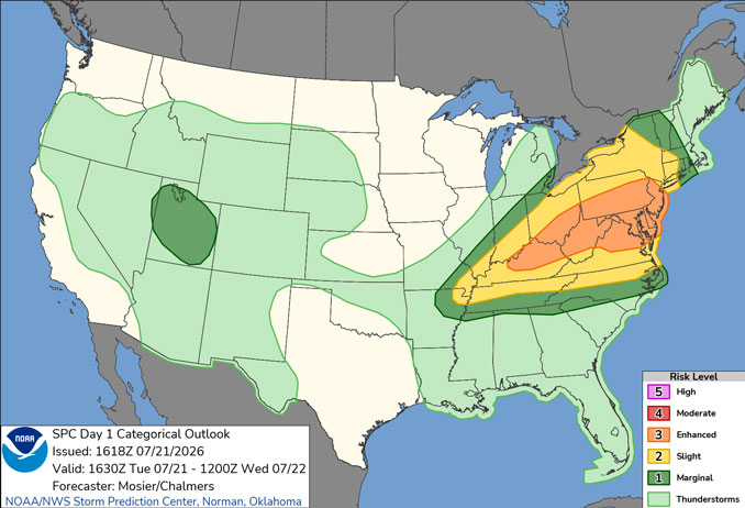Day 1 Convective Outlook/Categorical for Tuesday, July 21, 2026 indicates no Level 1/5 or greater risk of severe thunderstorms (SOURCE: NOAA/NWS Storm Prediction Center).