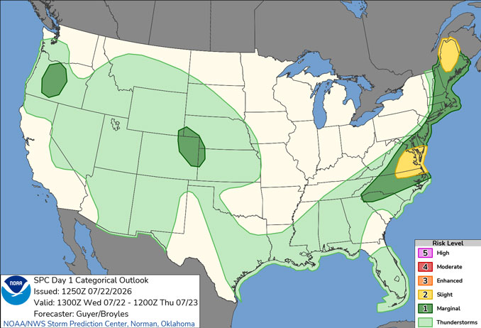 Day 1 Convective Outlook/Categorical for Wednesday, July 22, 2026 indicates no risk of severe weather in Illinois (SOURCE: NOAA/NWS Storm Prediction Center).