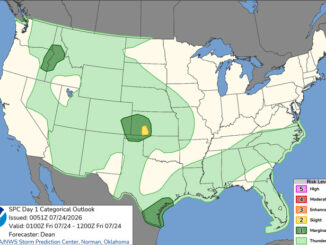 Day 1 Convective Outlook/Categorical for overnight Thursday/Friday, July 23-24, 2026 indicates no severe weather in Illinois (SOURCE: NOAA/NWS Storm Prediction Center).